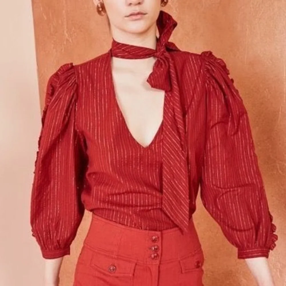 Ulla Johnson Julie Blouse Size 6 Red Gold Tie Neck Puff Sleeve‎ Metallic Stripe
